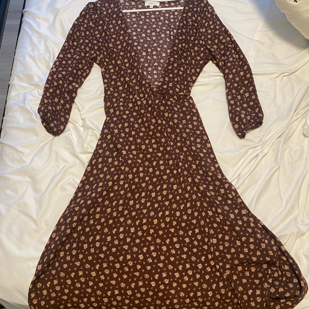 Brown floral, midi wrap dress